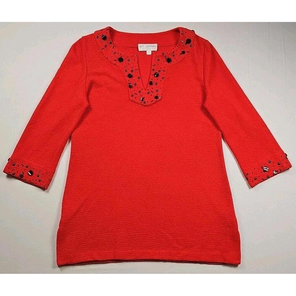 St. John Red Sweater Knit Blouse Tunic  with Black Bead‎ Detail Size Medium EUC